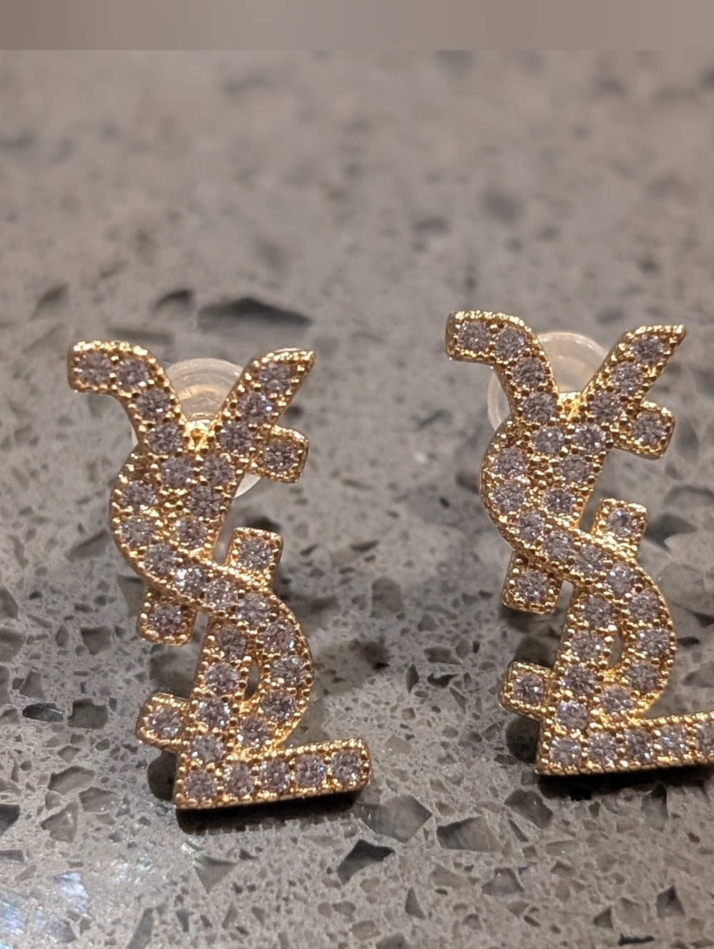 Yves Saint Laurent Crystal-Embellished Gold YSL Logo Stud Earrings - Picture 6 of 12
